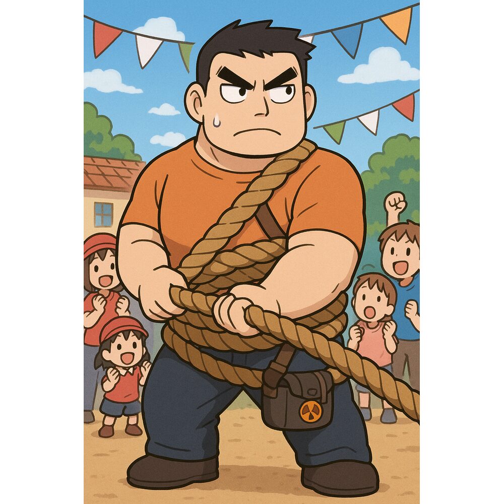 「運動会の綱引きで力強くロープを引く大柄な男性。周囲の子どもたちが声援を送る中、真剣な表情で奮闘している。」