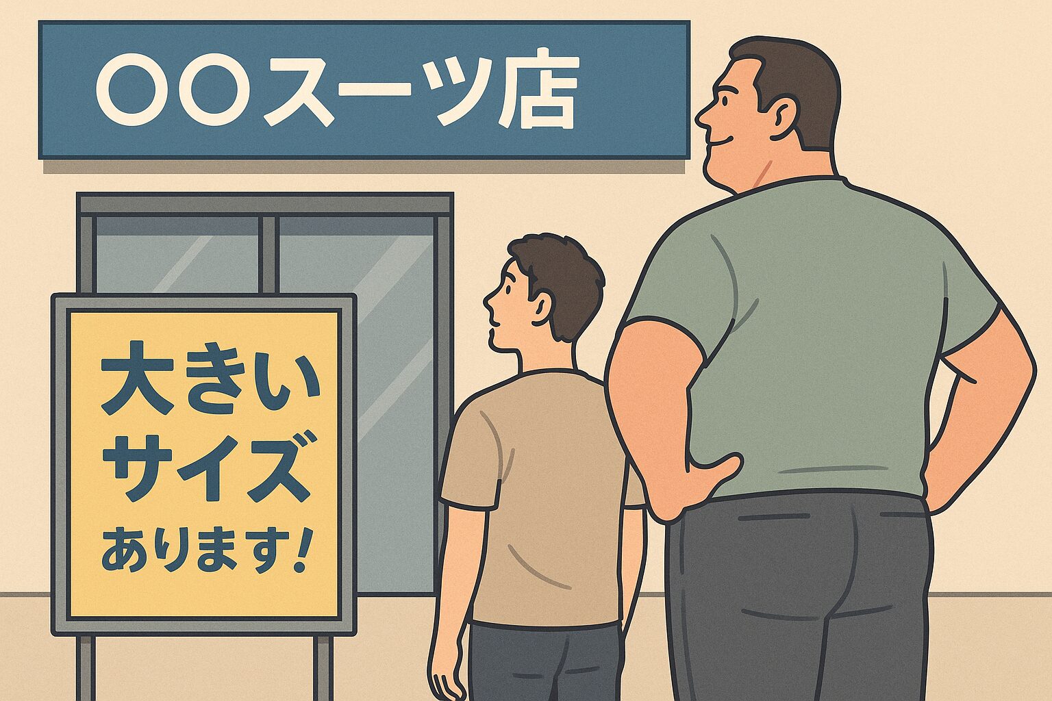 身長192cmのお父さんと184cmの息子が、スーツ量販店「〇〇スーツ店」の入口で「大きいサイズあります」と書かれた看板を一緒に見上げている様子