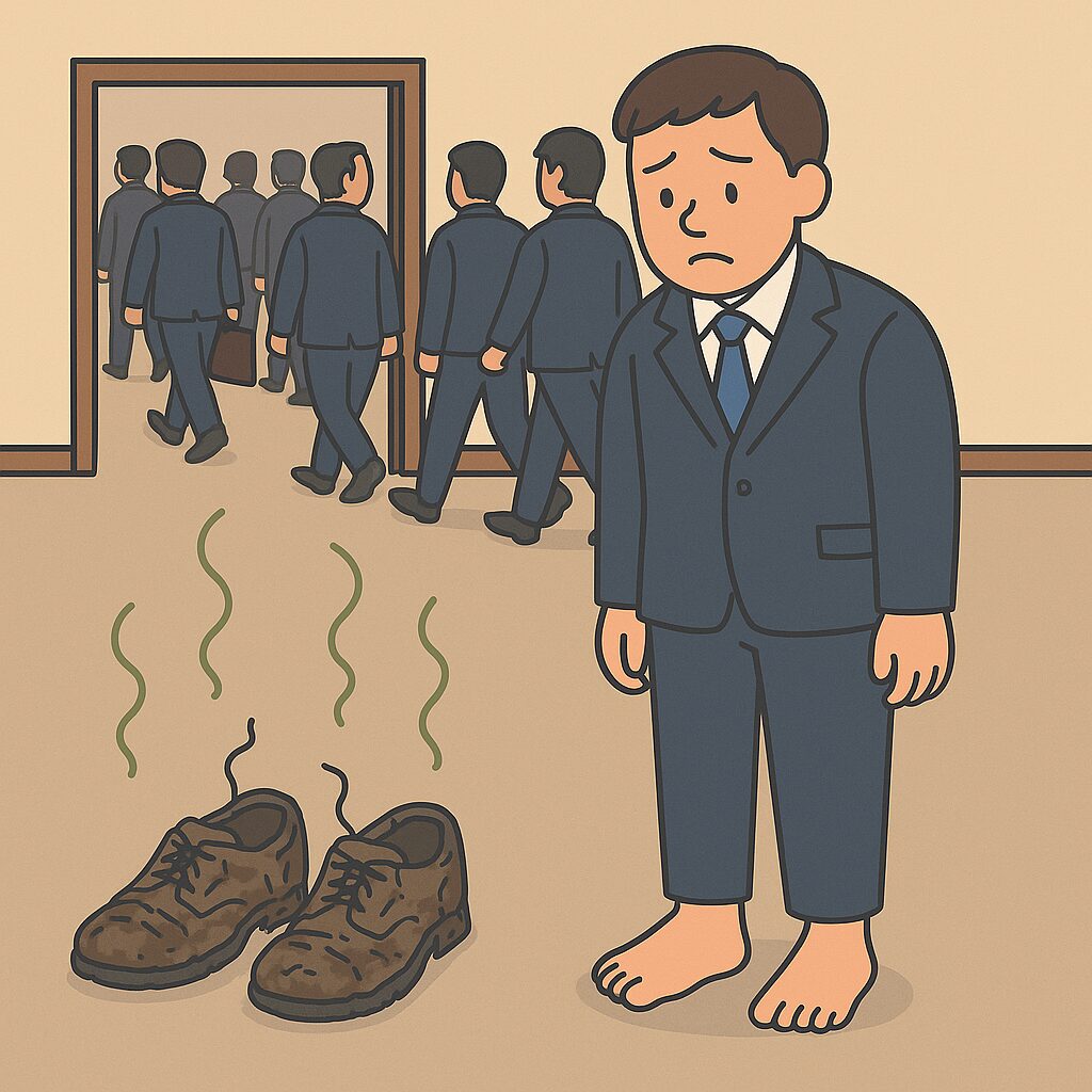 会議が終わり全員が帰った後、会場前に一人残された後輩サラリーマン。靴下姿で立ち尽くし、目の前には左右揃ったぼろぼろで超臭そうな革靴だけが残っている。