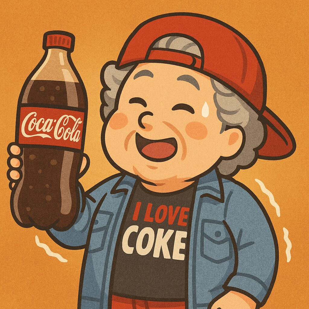 キャップにTシャツ、ジーンズ姿でアメリカのスケボー少年のような服装をしたおばば。笑顔で「I LOVE COKE」と書かれた大きなコーラを両手で突き出しているユーモラスなシーン。