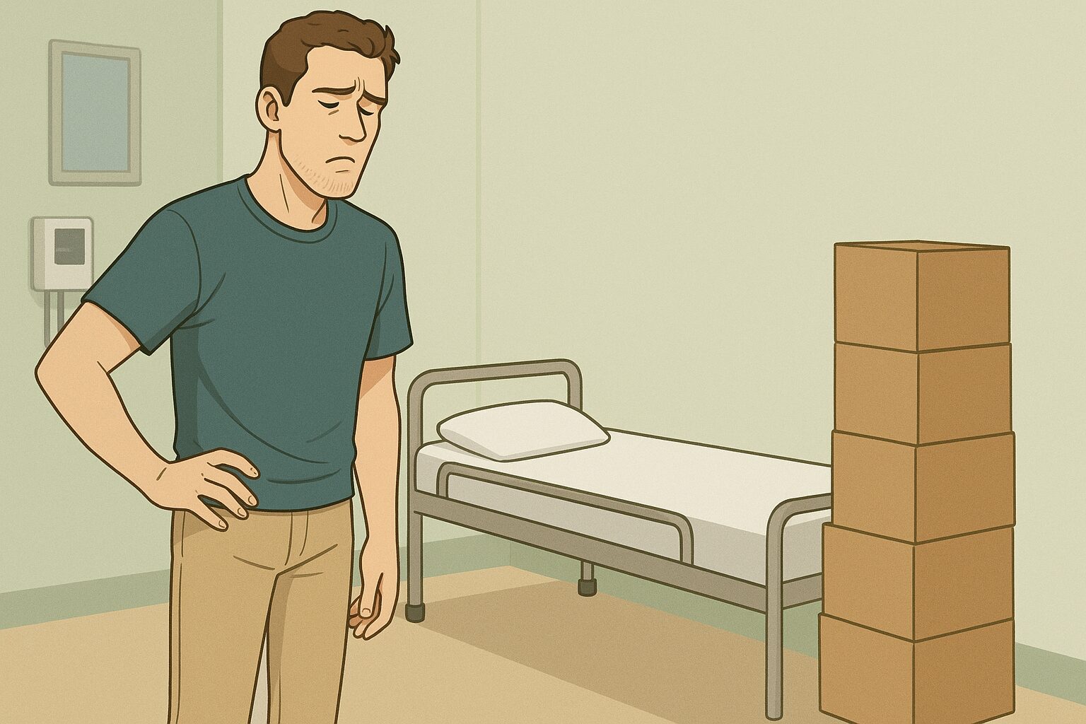 「身長192cmのタッカーズが病院の検査室で、足元に段ボールが積まれたベッドを前にため息をついている様子」