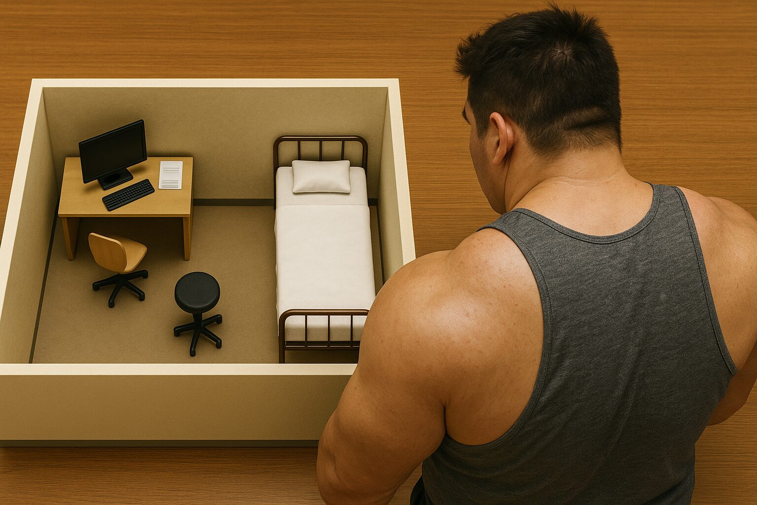 「身長192cmのマッチョ体型タッカーズが、検査室の配置（左に机と椅子、右にベッド）をミニチュア模型として上から見下ろしている様子」