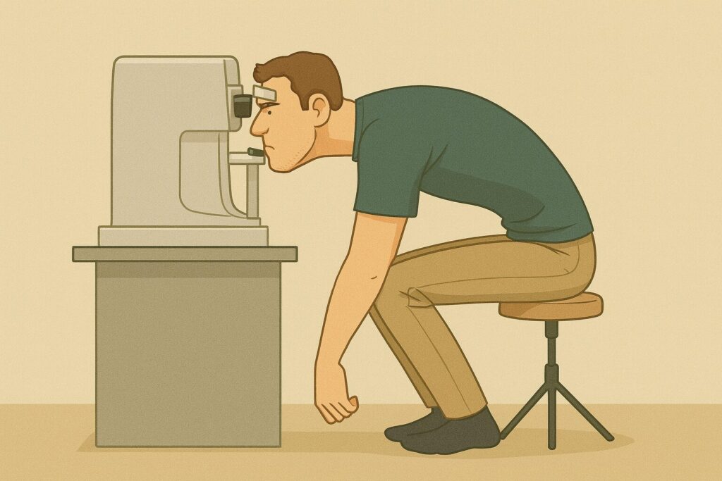 「身長192cmのタッカーズが眼底検査を受ける際、椅子が高く台と顎置きが低すぎるため、体を『つ』の字に曲げて無理やり顎を機械に乗せている様子」