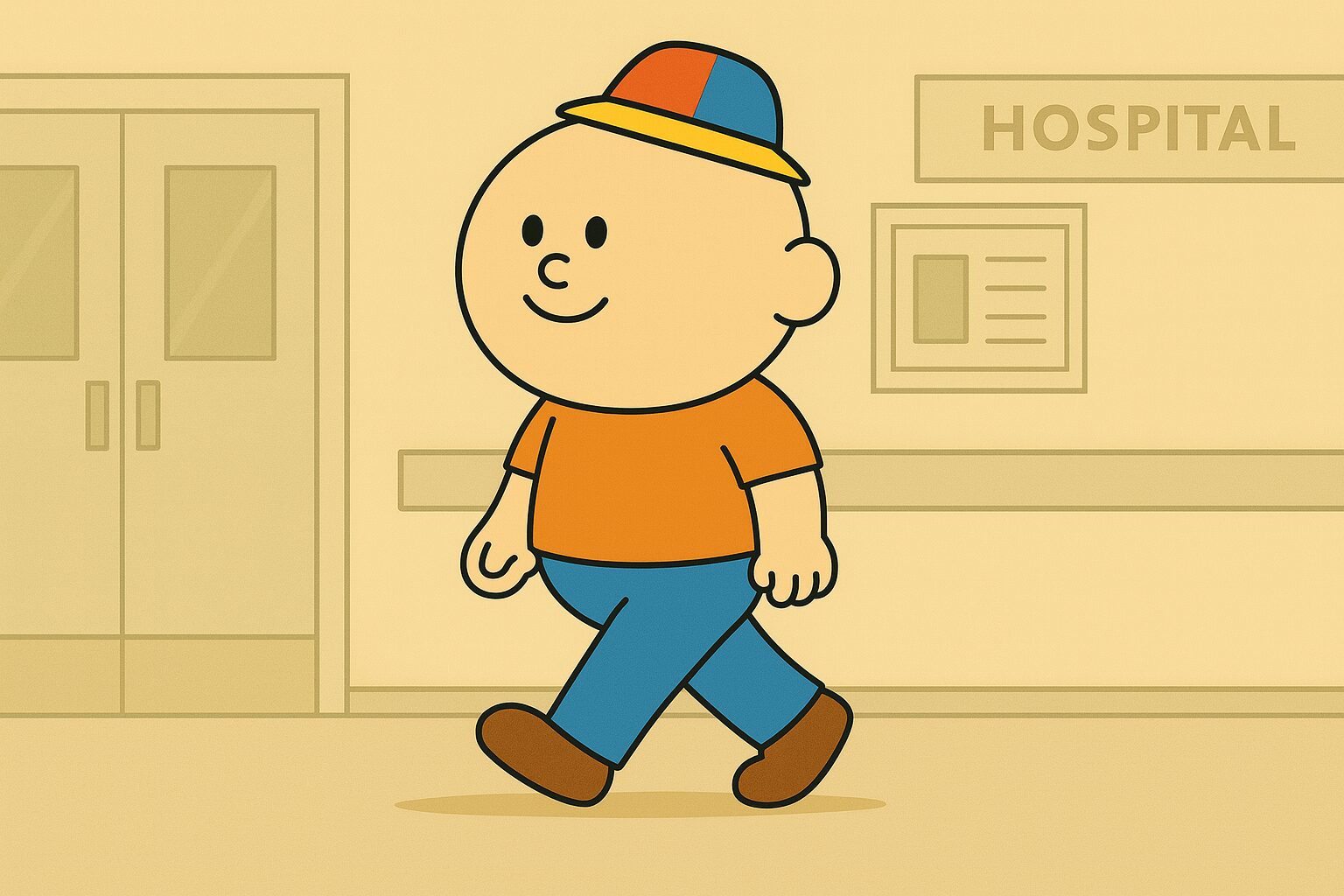 「オーバーサイズ倶楽部のデカたま様が、人間ドックの眼底検査を受けるために病院の廊下を歩いているイラスト。オレンジ色のTシャツに青いズボン、カラフルな帽子をかぶり、にこやかな表情で次の検査室に向かっている。」