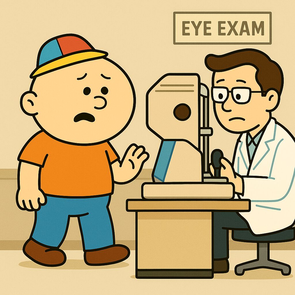 「オーバーサイズ倶楽部のデカたま様が、病院の眼底検査室で検査機を前に困惑しているイラスト。検査機に顔を乗せられないのではと不安そうな表情をしており、白衣の医師が横で操作している。」