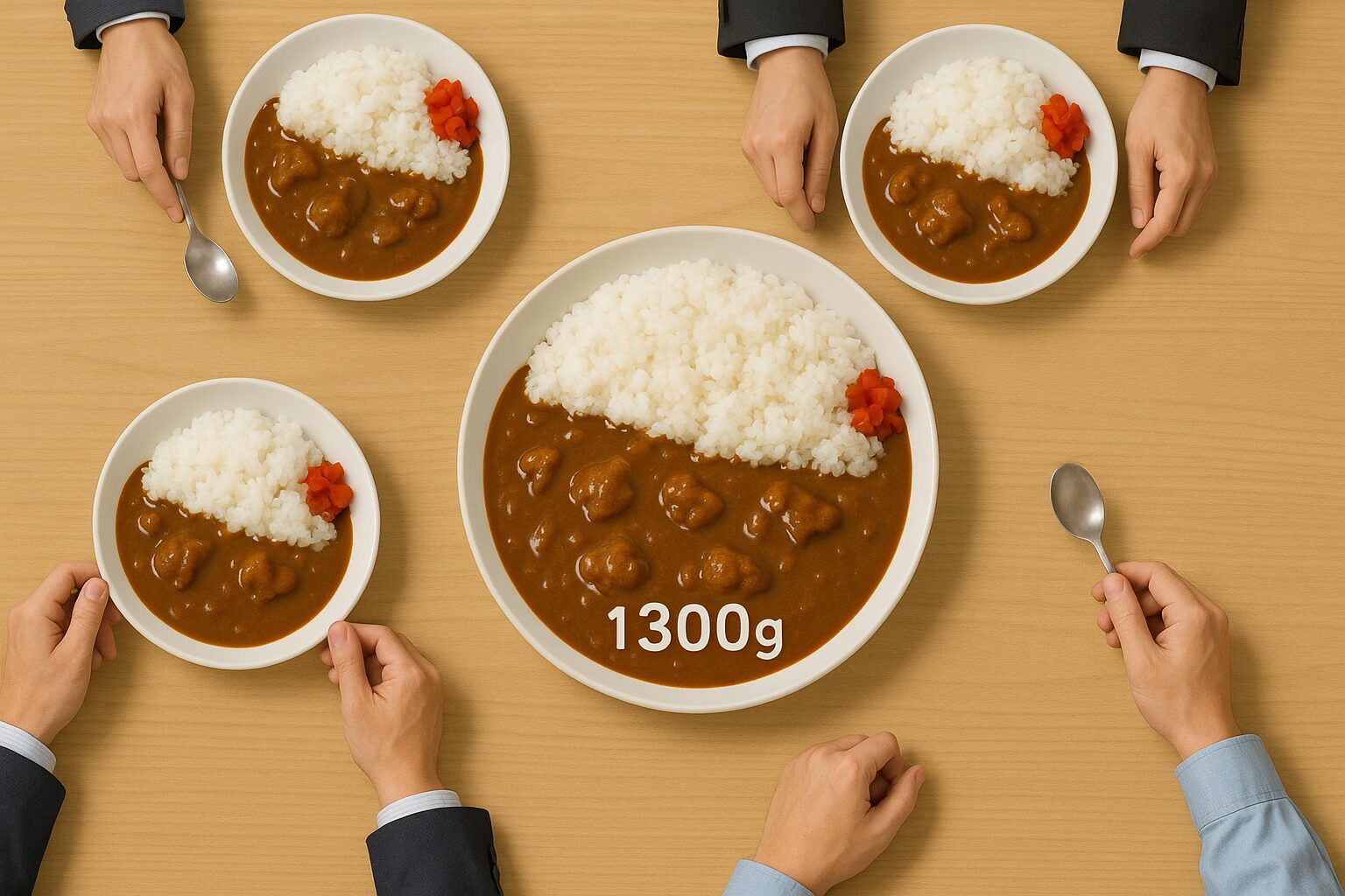 「同僚4人の前に並んだカレーライス。3人は普通サイズ、1人だけ1300gの巨大カレーライスが置かれ、真上から見ても一目で違いがわかる。」