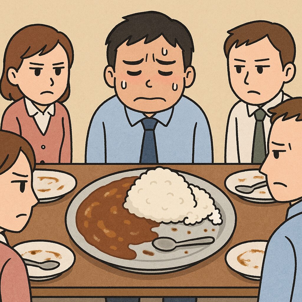 「会社の同僚4人で食事に来て、私だけカレーライス1300gに挑戦。熱さと辛さで半分600gしか食べられず、額に汗をかいて苦しむ私。周囲の同僚たちは普通サイズを食べ終え、冷たい視線を向けている場面のイラスト。」