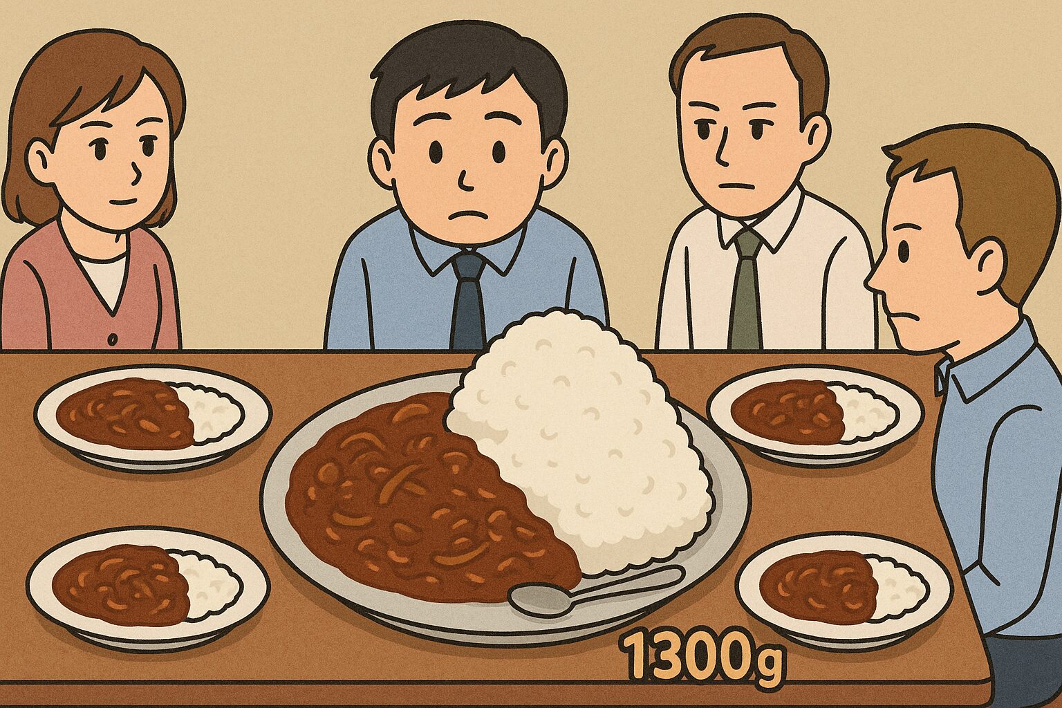 「会社の同僚4人で食事に来て、私だけハヤシライス1300gに挑戦。斜め上からの視点で描かれた机の上には、3人の普通サイズの皿と、明らかに大きさが違う山盛りハヤシライスが私の前に置かれている。驚きと緊張の表情の私と、それを見つめる同僚たちのイラスト。」