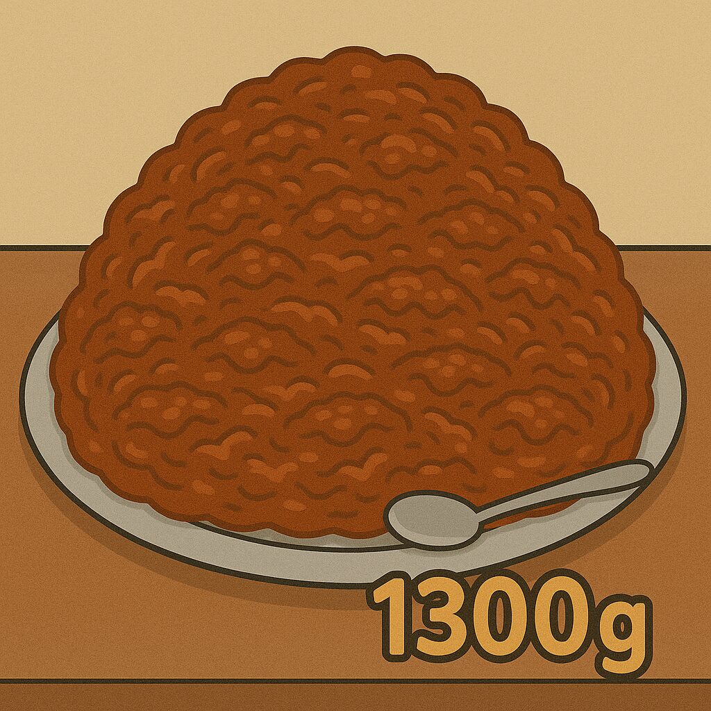 「机の上に置かれたハヤシライス。ご飯とルーを混ぜて冷まそうとした結果、倍以上に膨れ上がり、皿からあふれそうなほど山盛りになった巨大なハヤシライスが描かれている。横にはスプーンと“1300g”の文字。」