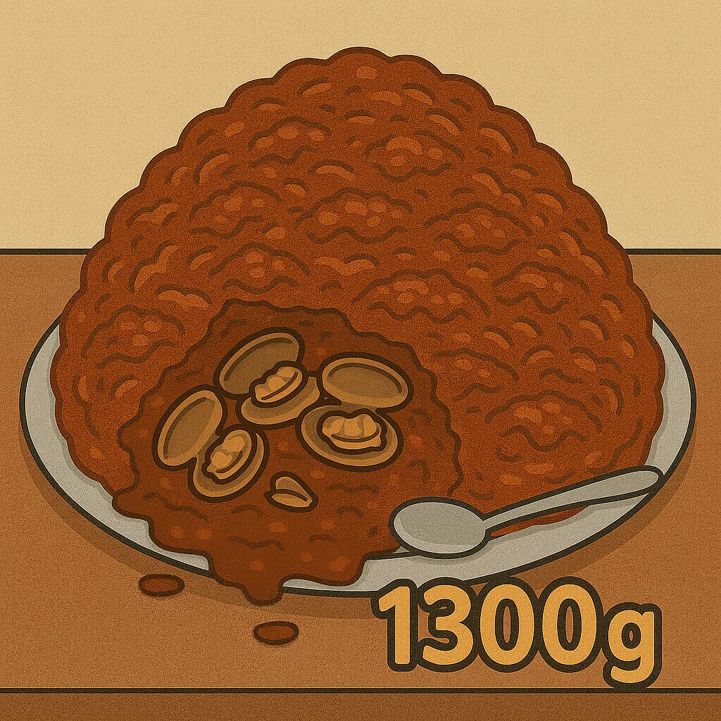 「机の上に置かれた巨大に盛られたハヤシライス1300g。スプーンで一口すくった部分から、予想外にアサリがゴロゴロと現れた様子が描かれている。皿の横には“1300g”の文字。」