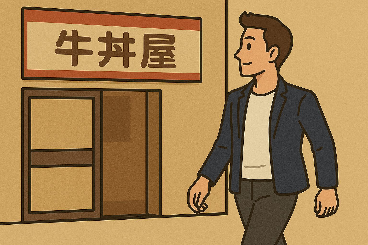 「痩せてかっこよくなったタッカーズが牛丼屋の前に立ち、入ろうとしている場面。背景には『牛丼屋』と書かれた赤い看板と店の入口が描かれている。」