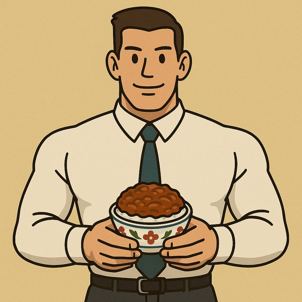 「痩せてかっこよくなったタッカーズが、子供用の小さな茶碗に入った牛丼を両手で持っている。大きな体と大きな手に対して茶碗がとても小さく見え、ユーモラスな印象を与えるイラスト。」