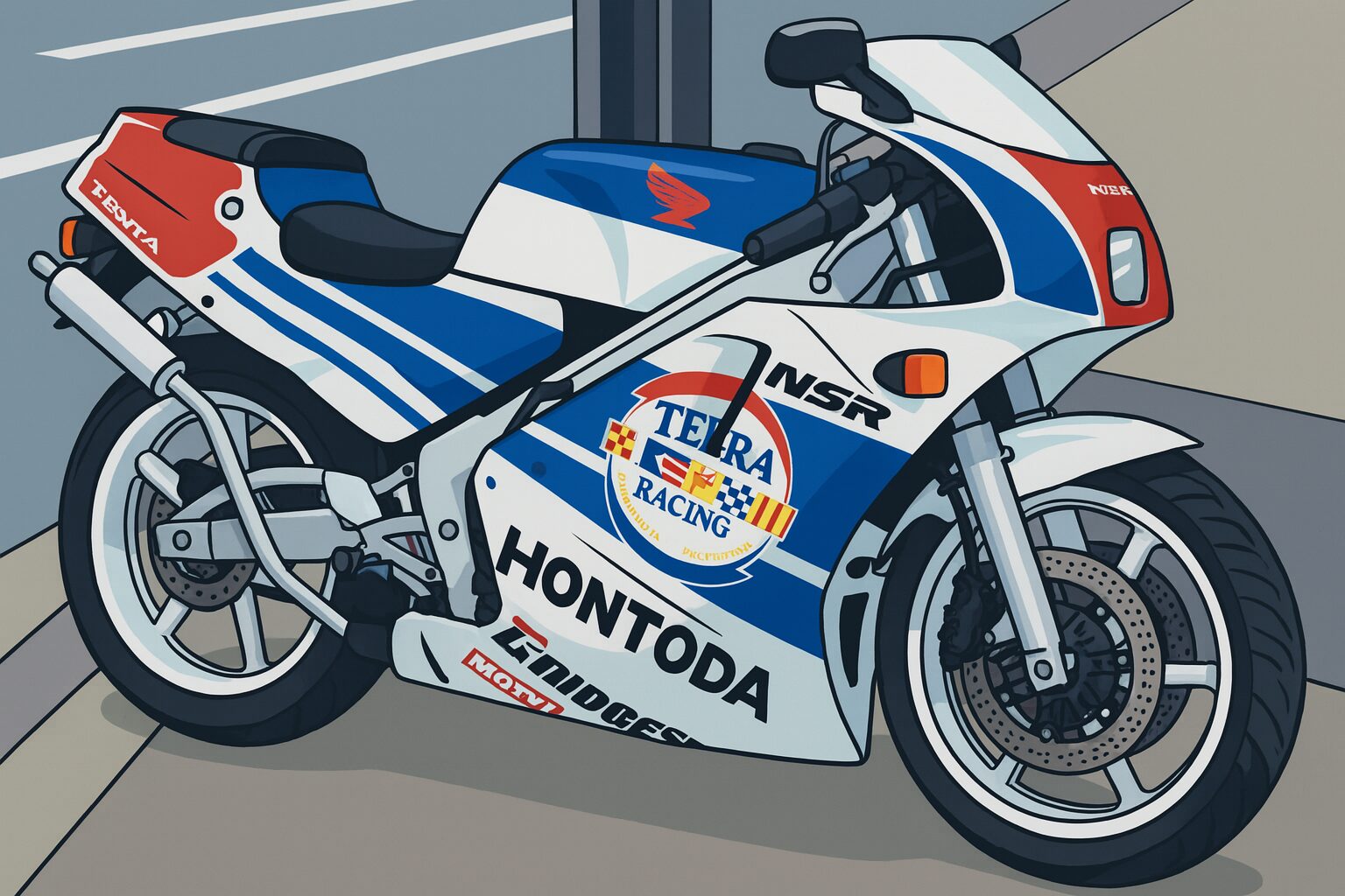 この絵のバイクはレーサー使用をまねたレーサーレプリカのバイク。HONTODA社のバイクが描かれている