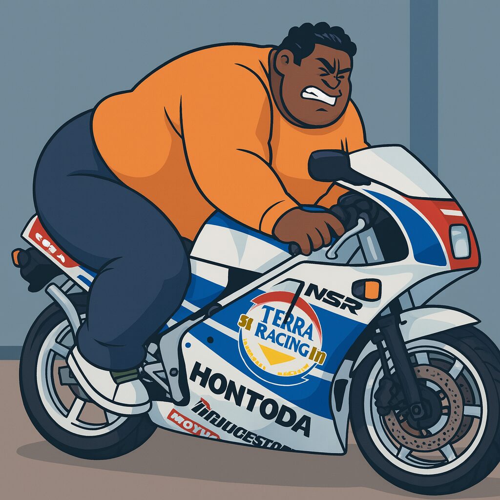 レーサーレプリカ使用のシートのへこみにお尻が入らないおもリッチの絵。