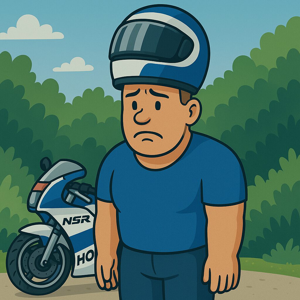 青いフルフェイスヘルメットを頭の上にちょこんと乗せ、耳が引っかかって被れずに絶望しているマッチョな男性。両手をだらりと下げ、がっくり肩を落としている。背後には白と青のスポーツバイクと緑の木々があり、晴れた空の下で悲哀とユーモアが漂う一場面。