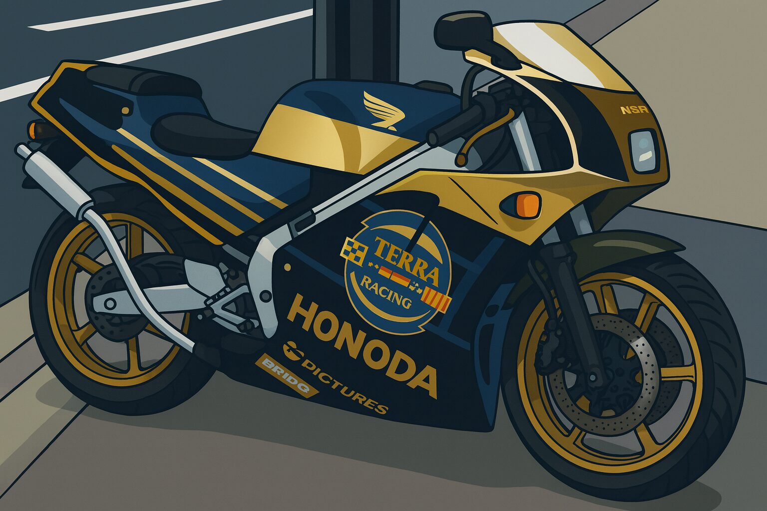 黒をベースにしたスポーツバイクが街角に停められている。ボディラインには金色のストライプと「HONODA」「TERRA RACING」のロゴが輝き、高級感とスピード感が漂うデザイン。背景には舗装道路と建物の一部が見え、昼間の明るい光の中でバイクが際立っている。