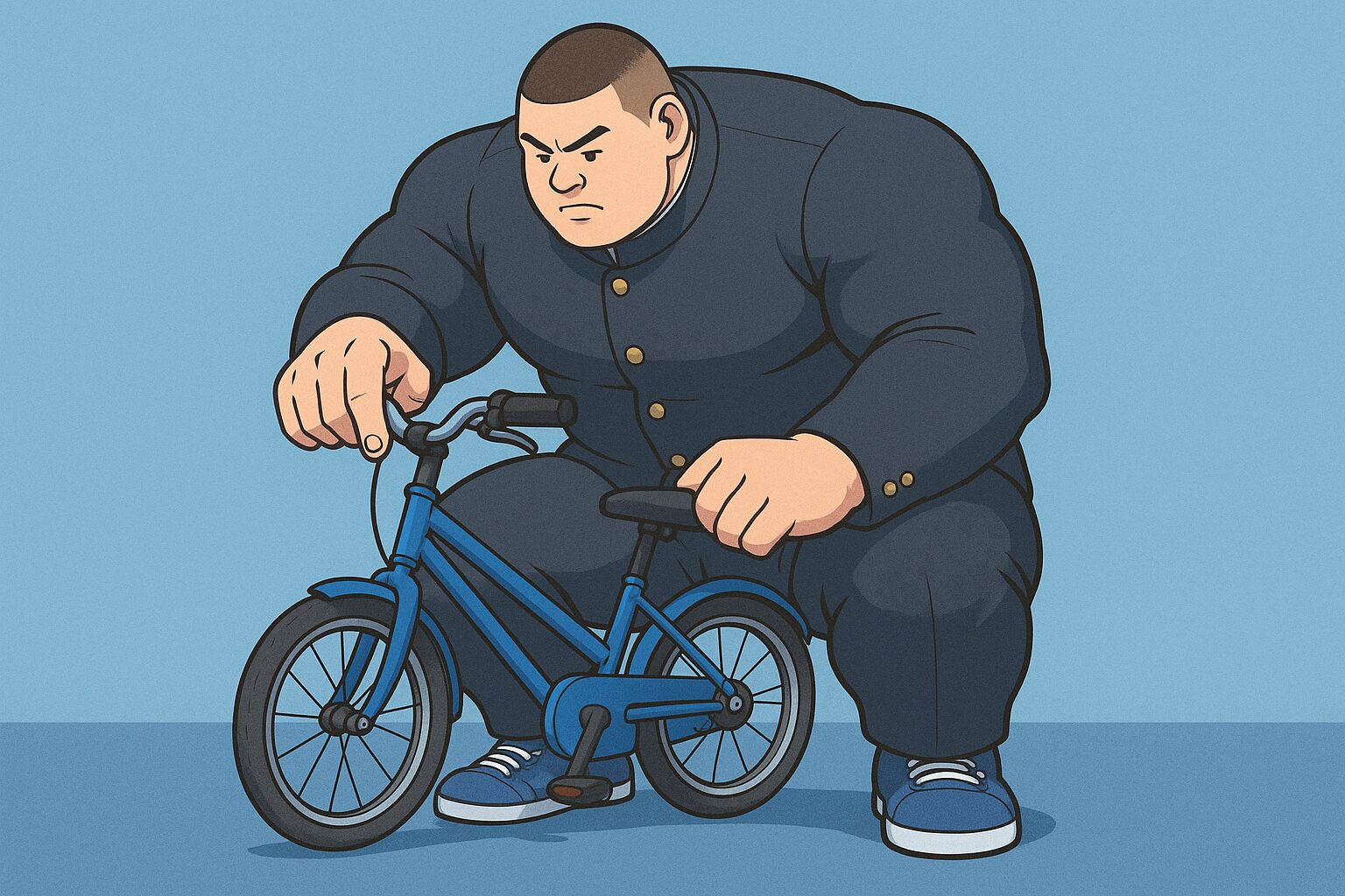 身長189cm・体重115kgのマッチョな高校生おもリッチが、登校前に小さな24インチの自転車のタイヤを真剣にチェックしている様子。学ラン姿の大きな体に対して、自転車が明らかに小さすぎるギャップがコミカルに描かれている。