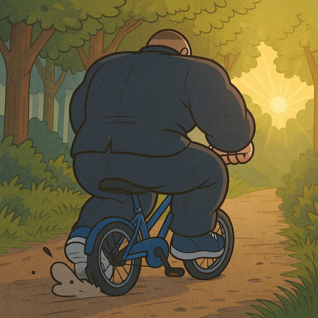 身長189cm・体重115kgのマッチョな高校生おもリッチが、学ラン姿で青い小さな自転車に乗り、森の中の通学路を走行中。後輪がパンクして煙を上げており、朝日がまぶしく差し込む中で奮闘する姿がコミカルに描かれている。