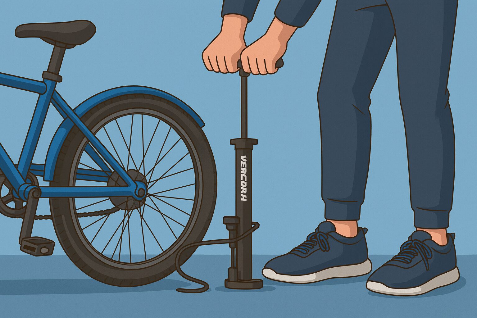 青い自転車の後輪に、黒い空気入れを使って空気を入れている人物のイラスト。地面に足をしっかりつけ、両手でポンプを押している様子が描かれており、背景はシンプルな青。