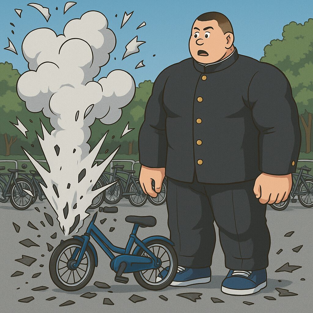 身長192cm・体重115kgのマッチョな男子高校生が学ラン姿で駐輪場に立ち、自転車の後輪が大爆発して白い煙がモクモクと上がっている様子を見つめている。タイヤの破片が周囲に飛び散り、周囲の自転車が驚いたように並ぶ、コミカルな一瞬。