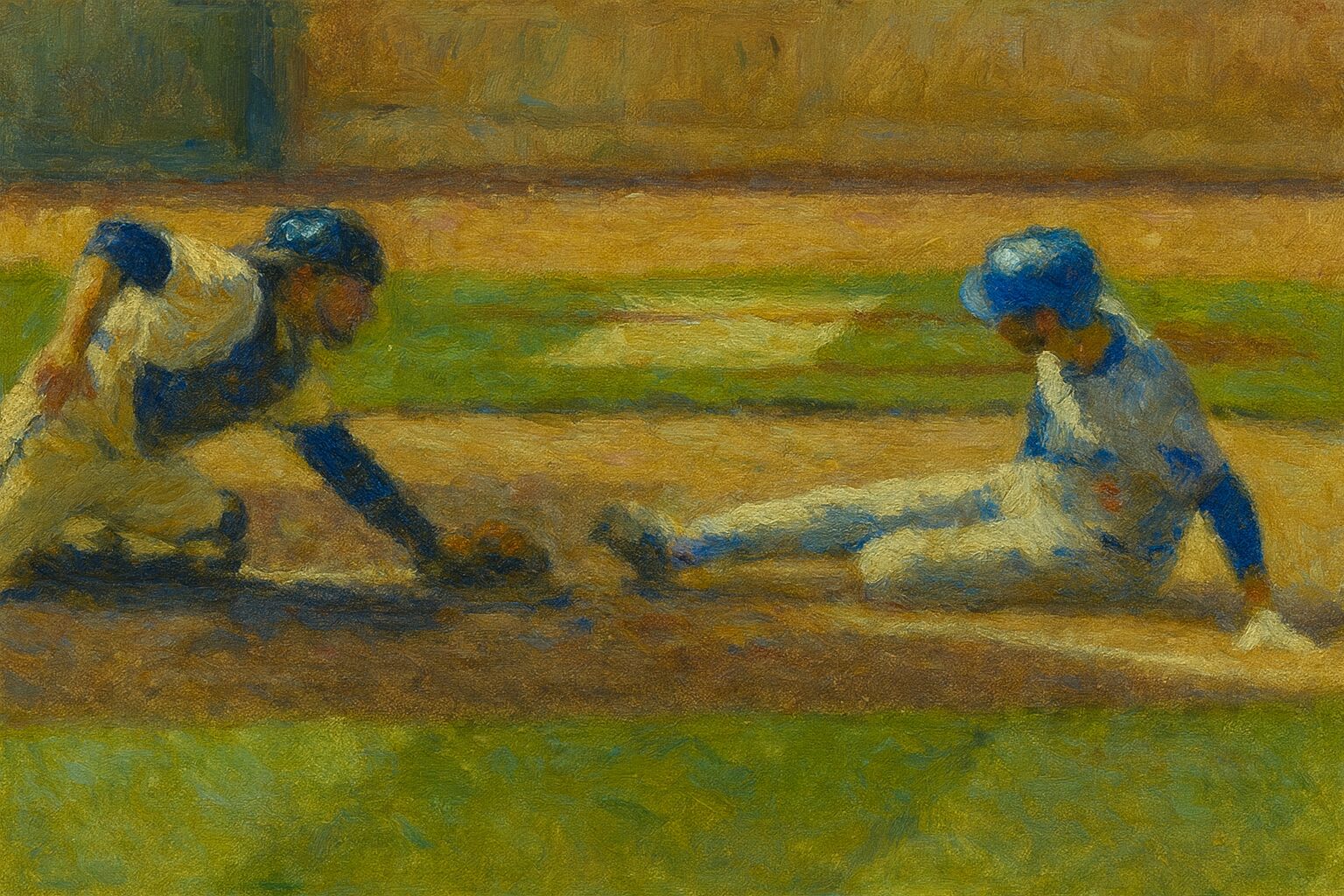 野球の試合で、青いヘルメットの走者がホームベースへスライディングし、キャッチャーがグラブでタッチを試みている場面を描いた油絵風の作品。躍動感あふれるプレーの一瞬が、柔らかな筆致で表現されている。