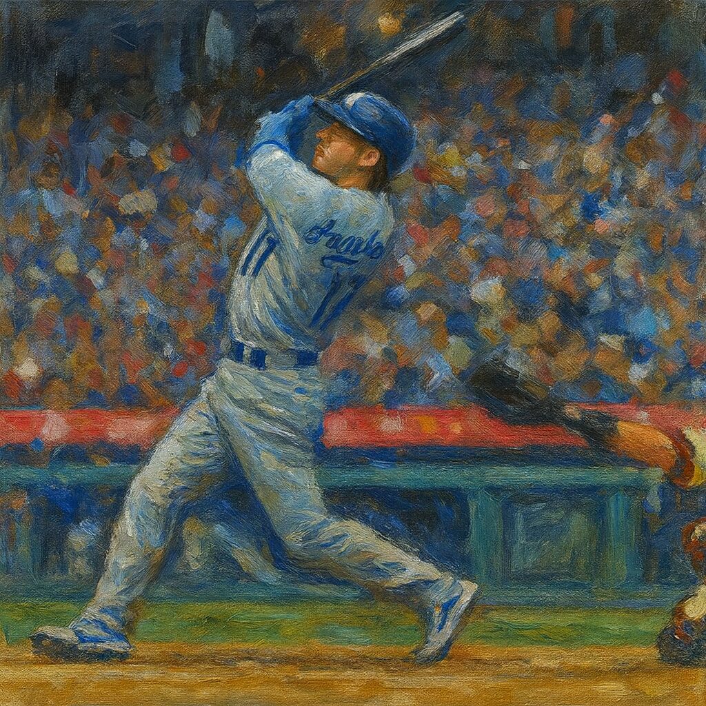 満員の球場で、青いユニフォームの打者が力強くフルスイングする姿を描いた油絵風の作品。バットの軌道と観客席の色彩が躍動感を生み出し、打撃の瞬間の迫力が伝わる構図。