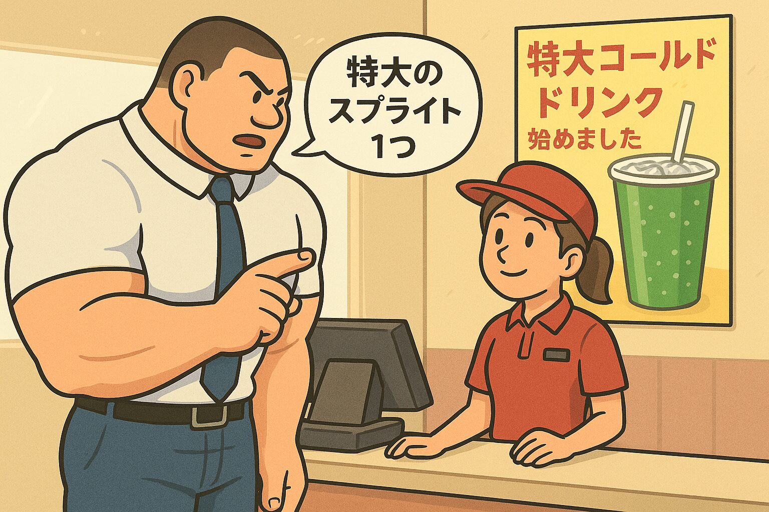 真夏の昼下がり、黒いネクタイ姿のマッチョなおもリッチが、ファストフード店のカウンターで女性店員に「特大のスプライト１つ」と注文している。背後には「特大コールドドリンク始めました」と書かれたポスターが貼られている。