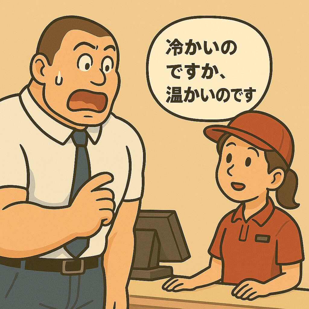 ファストフード店のカウンターで、若い女性店員が笑顔で「冷たいのですか、温かいのですか」と尋ねている。身長192cm・体重115kgの筋肉質なおもリッチが、その質問に目を見開いて驚いているシーン。