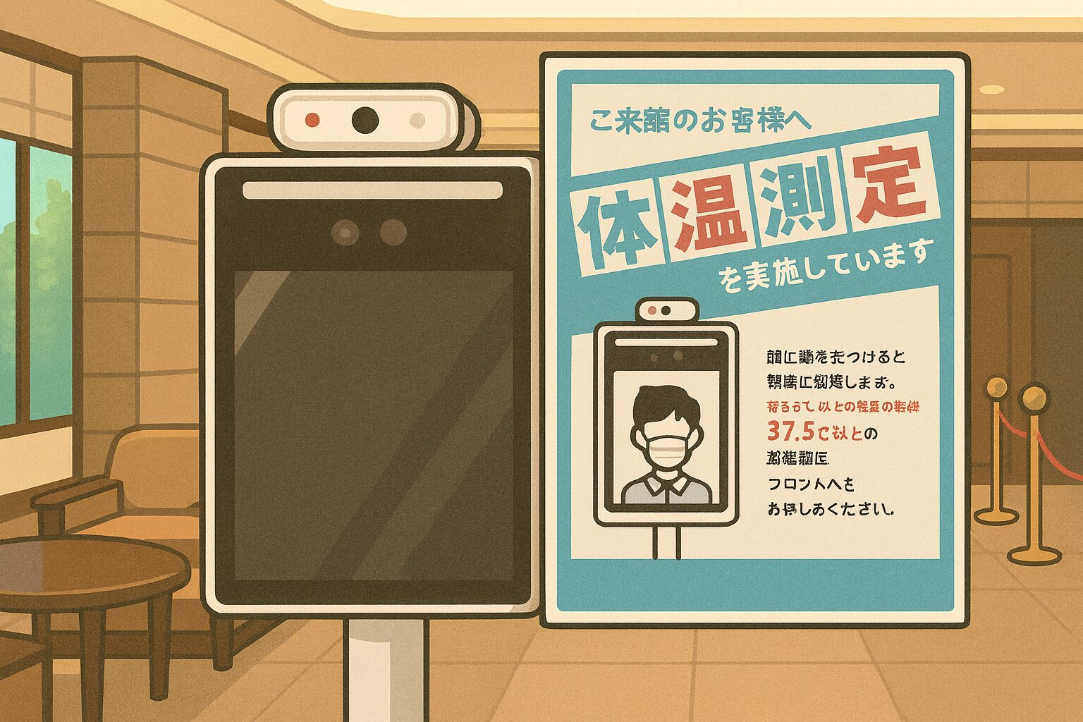 会社の受付ロビーに設置された体温測定用タブレット。隣には「体温測定を実施しています」と書かれた案内看板があり、37.5度以上の方はフロントに申し出るように注意書きがされている。背景にはソファやロープパーテーションが見える。