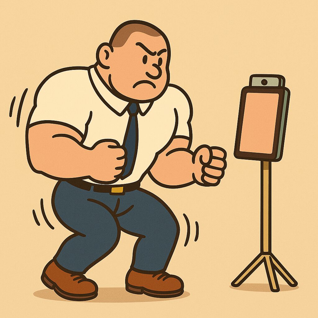 受付前のタブレット型検温器に顔を認識してもらおうと、前後に体を動かすデカたま様。身長192cm・体格の大きい彼は、何度も距離を調整しながら必死に検温しようとしている。背景は淡いベージュトーンのオフィスロビー。