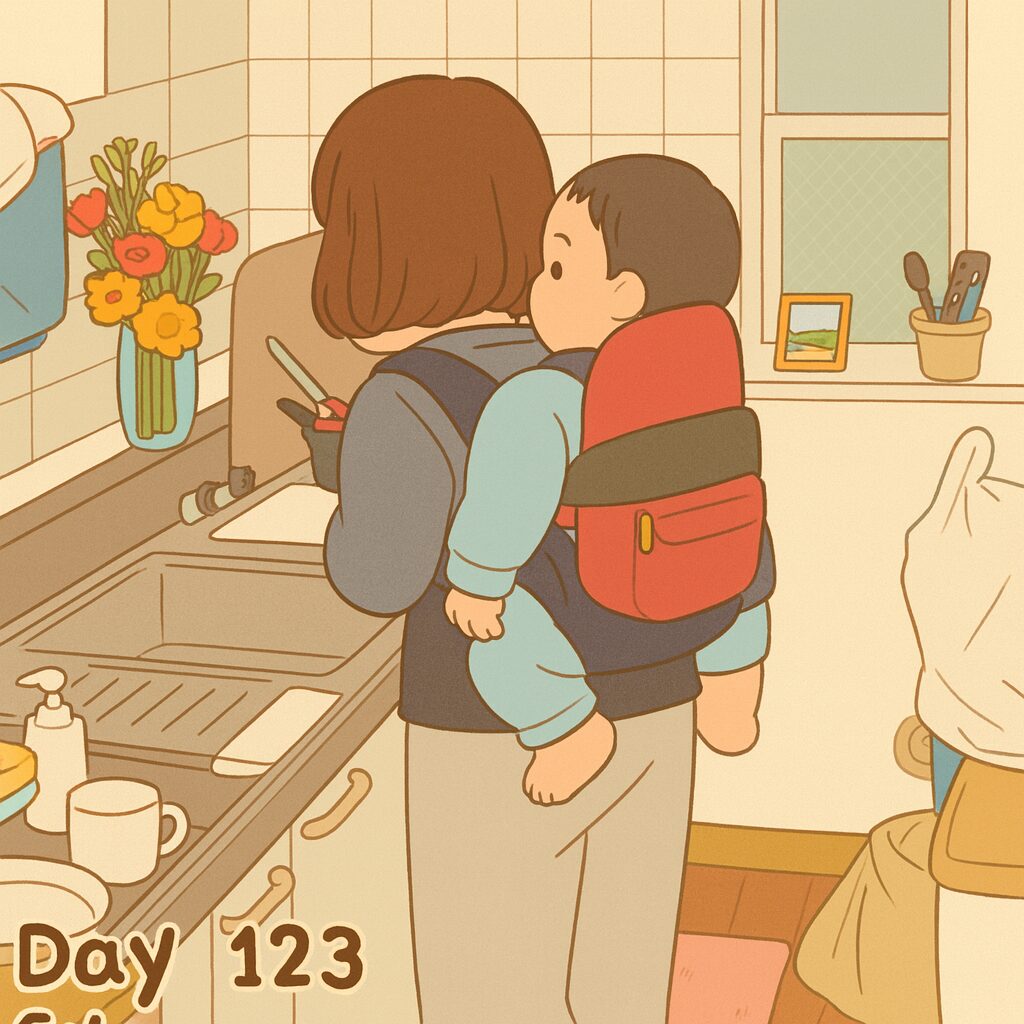 小柄な母親が、母子用のおんぶひもで大きめの赤ちゃんを背中におんぶしながら、キッチンで洗い物をしている様子。母と子の肩幅がほとんど変わらず、明るいキッチンには花瓶の花が飾られており、温かい家庭の雰囲気が漂っている。
