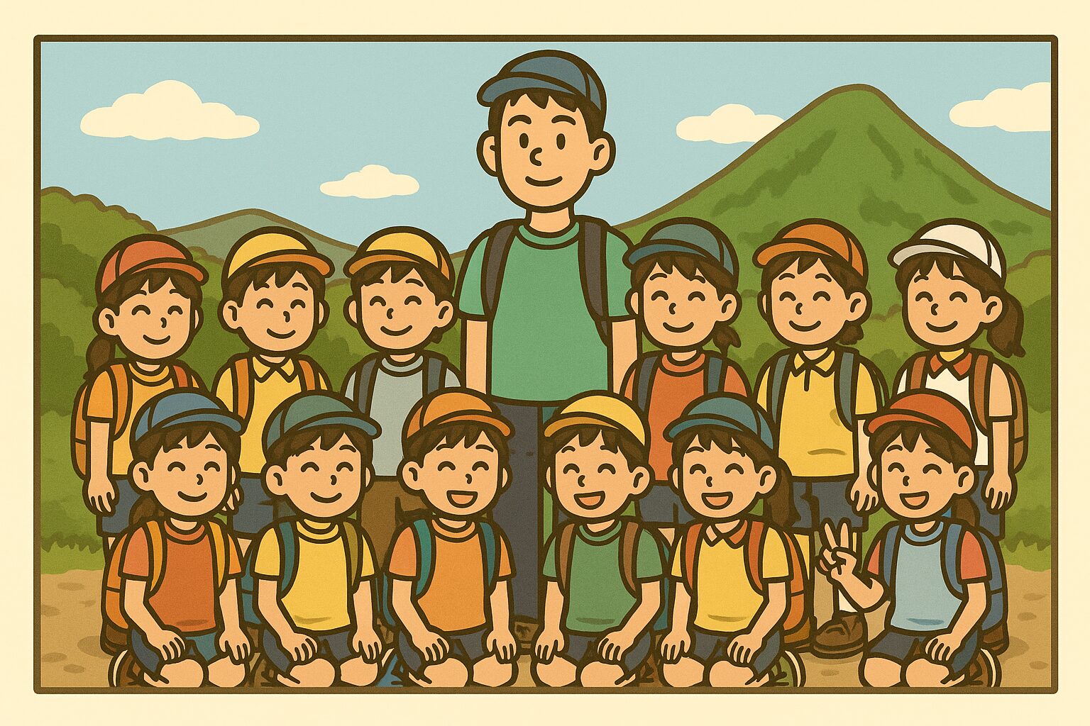 小さな山に登った遠足の記念撮影で、クラス全員が並んで笑っている中、一人だけ身長165cmの背高小学生が真ん中でずば抜けて目立っている。背景には青空と緑の山が広がり、明るく楽しい雰囲気の集合写真風イラスト。
