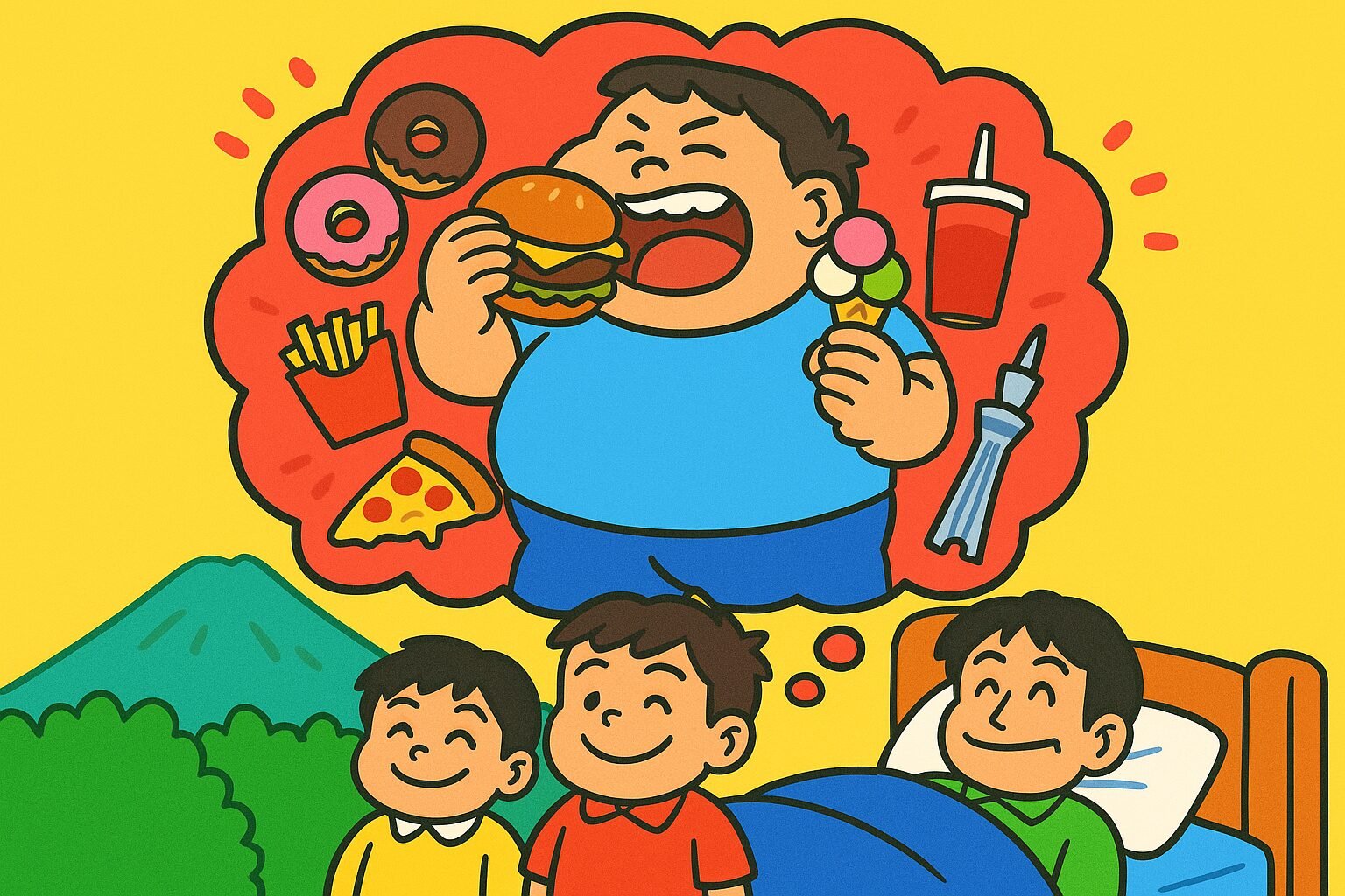 布団で眠るメタポンの頭の上に、大好きな食べ物を山のように食べている夢の泡が浮かんでいる。ハンバーガーやアイス、ドーナツ、ピザなどを笑顔で頬張る夢の中のメタポン。背景は黄色を基調とした原色系の明るい色使いで、楽しい雰囲気に包まれている。