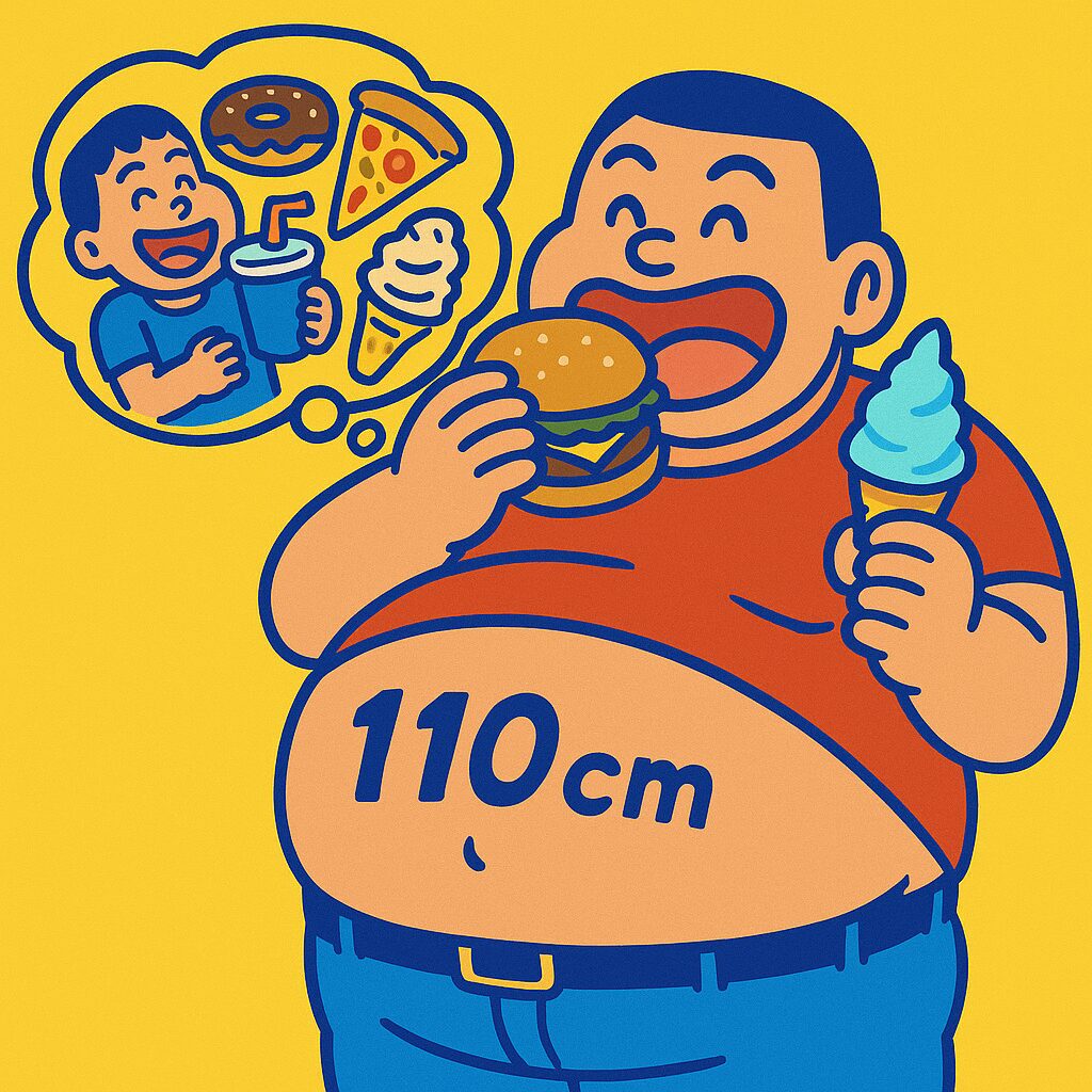 子供のころに夢見た「大人食い」を実現し、ハンバーガーとアイスを手に満足そうに笑うメタポン。お腹には「110cm」と書かれており、ぽっこりと膨らんでいる。背景は明るい黄色で、原色系の色使いが楽しい雰囲気を演出。夢の中には、幼いメタポンがドーナツやピザを見て憧れていた様子が描かれている。