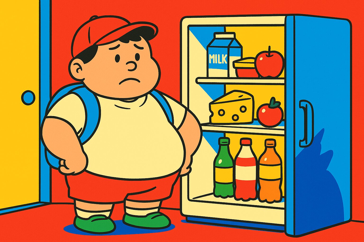 小学校から帰ってきたメタボ気味の男の子が、ランドセルを背負ったまま冷蔵庫を開け、中をじっと見つめている。中には牛乳やチーズ、リンゴ、ジュースなどが並んでいるが、何を食べようか迷っている表情。背景は赤・青・黄色の原色系で描かれた明るくポップな台所の風景。