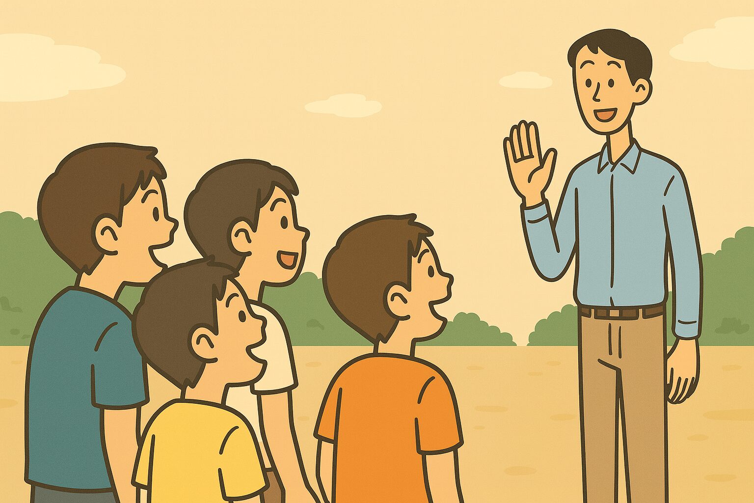 公園の入口で待ち合わせをしているタッカーズと友達たち。身長192cmのタッカーズは、少し離れた場所で手を振っており、周囲の友達5人（身長170cmほど）が「あ、いた！」と笑顔で見つけている。背景は明るい空と木々が広がる穏やかな昼下がりの風景。