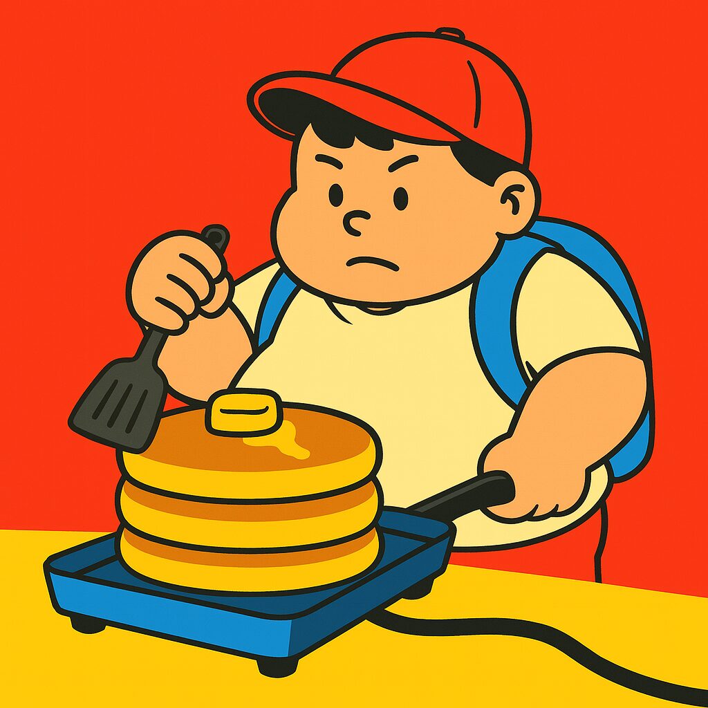 メタボ気味の小学生が、ホットプレートで大きなホットケーキを焼いている。真剣な表情でフライ返しを持ち、こんがり焼けた分厚いホットケーキの上にはバターがのっている。背景は赤と黄色の原色で構成されたポップな雰囲気。