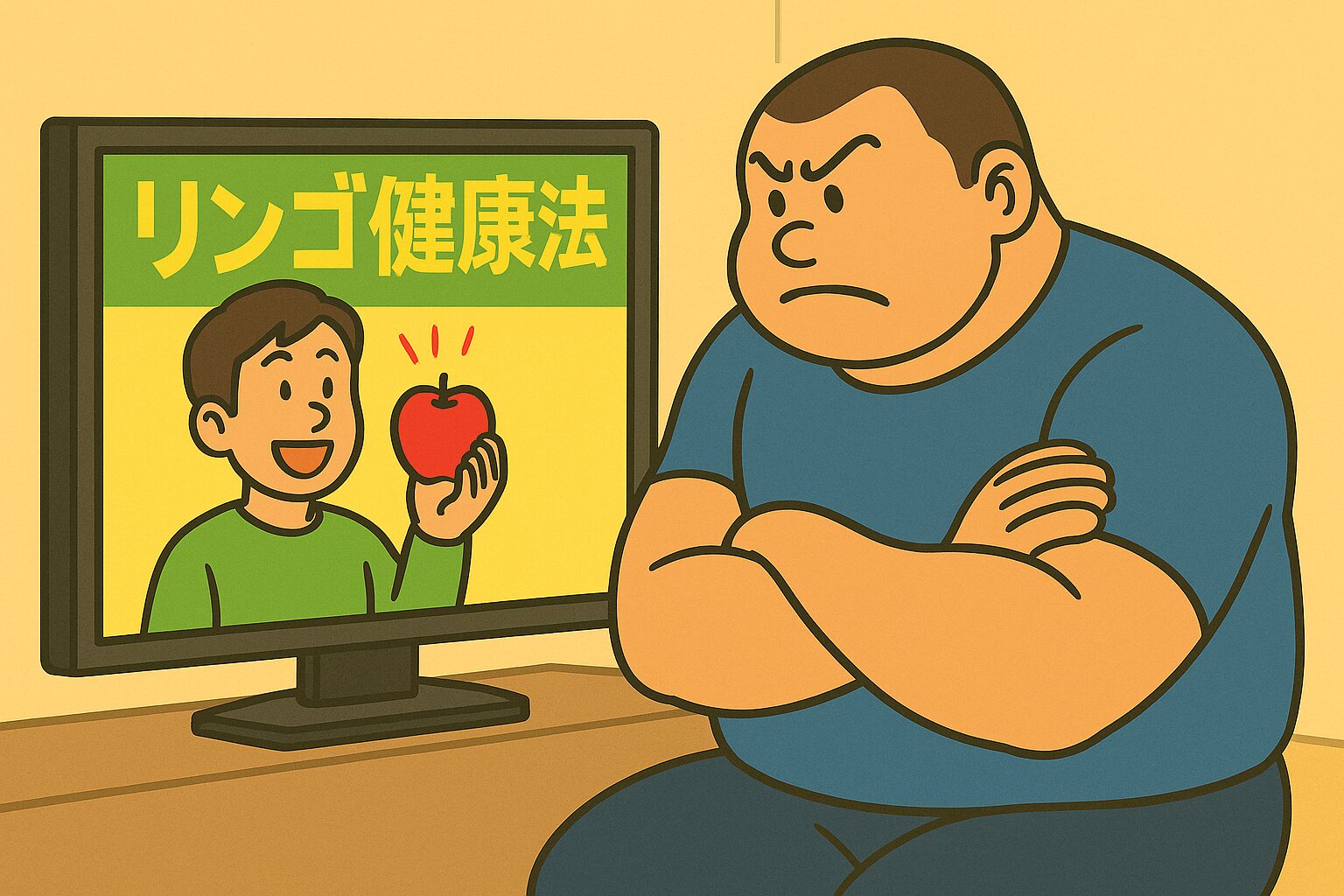 身長192cm・体重115kgのおもリッチが、腕を組んで真剣な表情でテレビを見ている。画面には「リンゴ健康法」と書かれ、リンゴを手に笑顔で話す人物が映っている。おもリッチは画面に食い入るように見つめており、健康への興味が感じられる場面。背景は明るいリビング。
