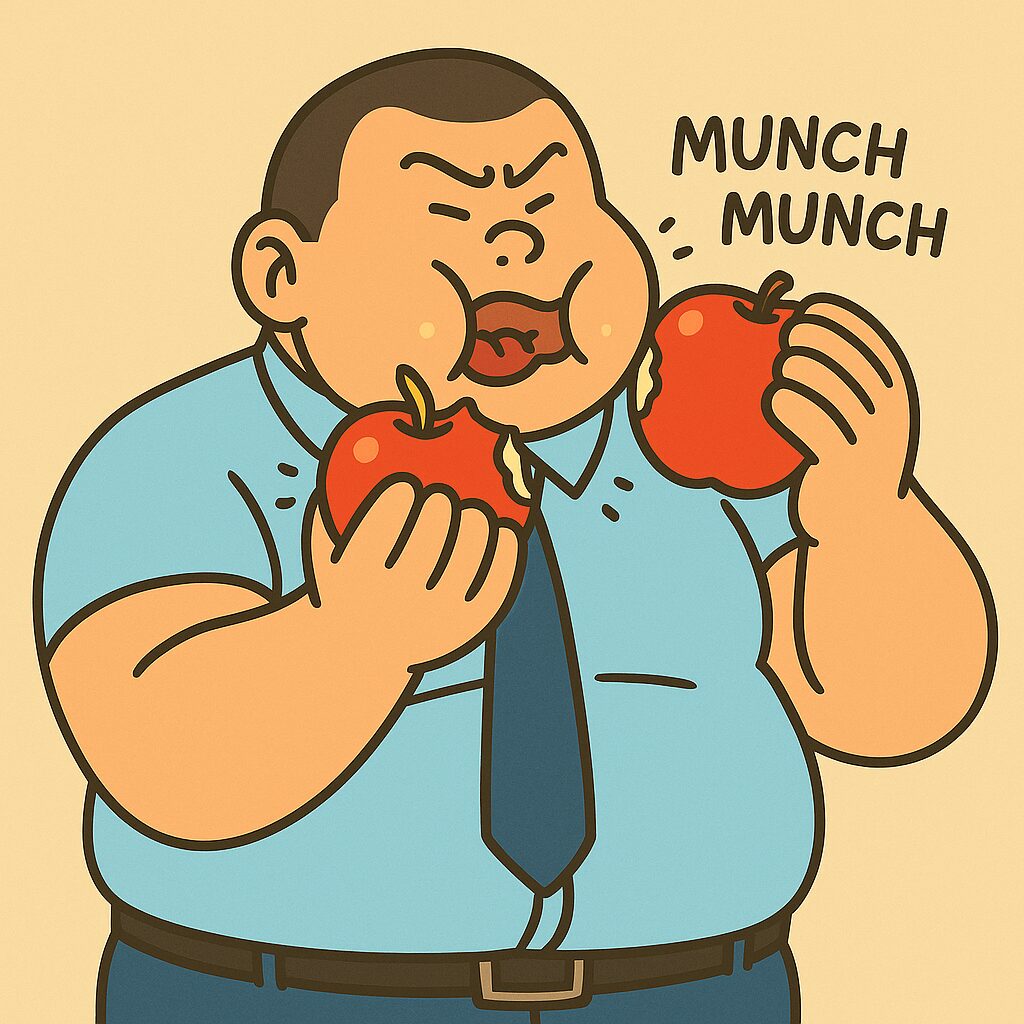 おもリッチが両手に赤いリンゴを1個ずつ持ち、真剣な表情で同時にムシャムシャ食べている。頬がふくらみ、リンゴの果汁が飛び散っているコミカルなシーン。背景は明るいベージュ色で、健康への意欲と食欲があふれるユーモラスなイラスト。