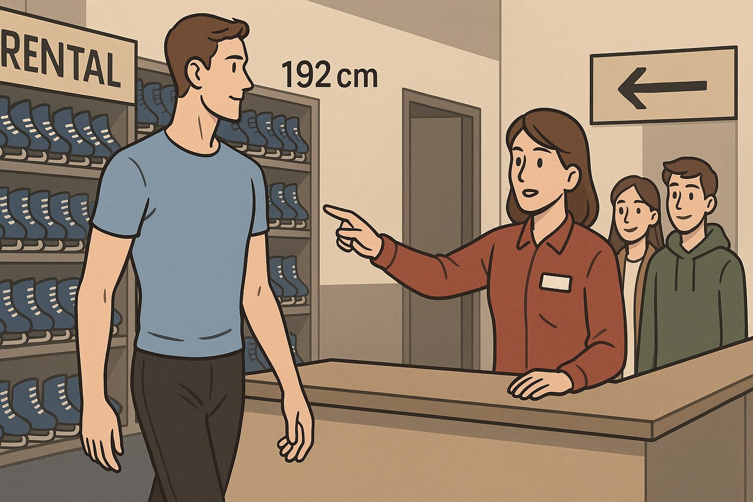 身長192cm・靴のサイズ31cmの細身マッチョ男性が、友達と訪れたアイススケート場でレンタルシューズを借りようとすると、係員に「こちらでお渡しします」と言われ、ひとりだけ別の場所へ案内されている場面。