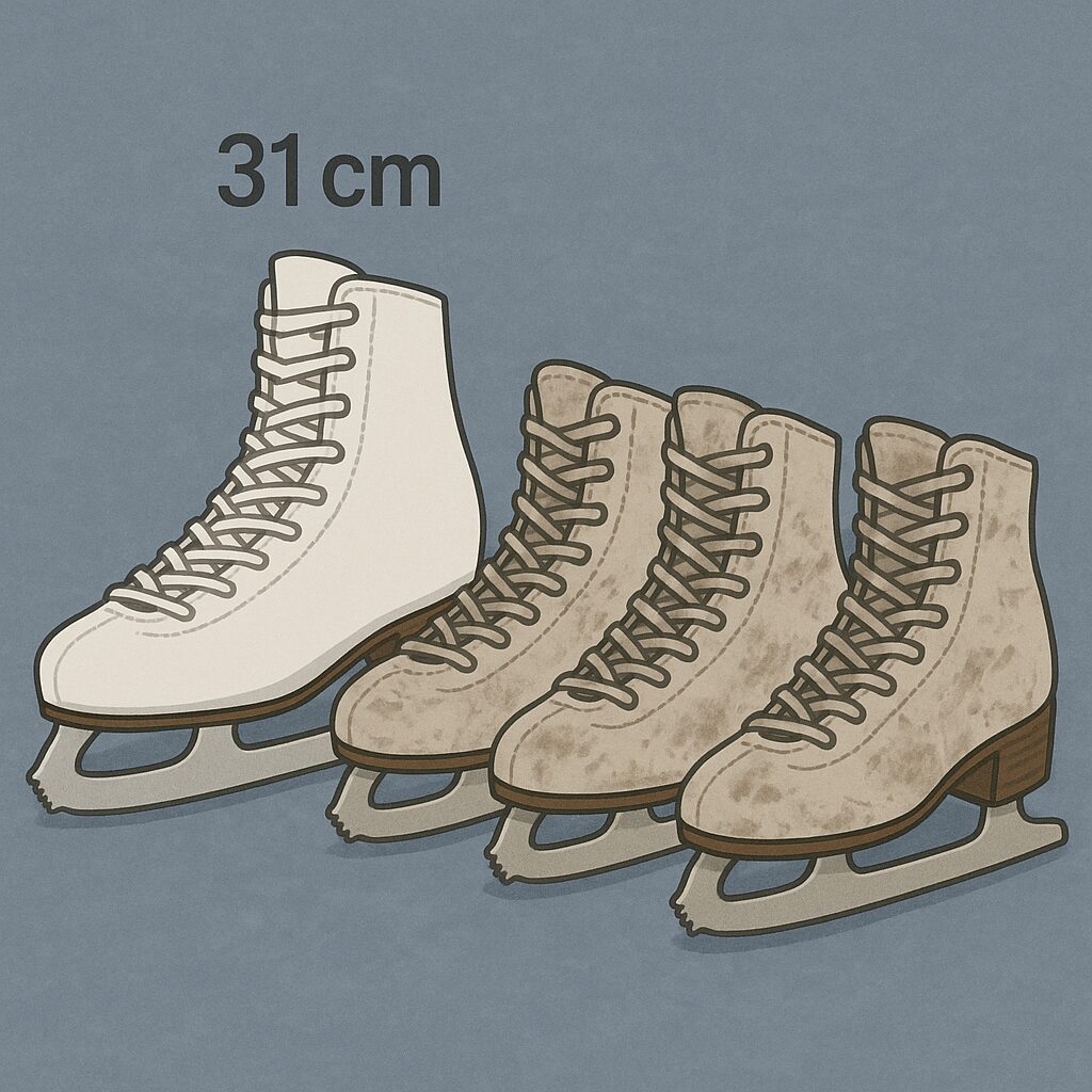 アイススケート場で並べられた4足のスケート靴。左端の31cmの靴だけが新品で真っ白に輝き、右側の3足は多くの人が使ったためにくすんだ白色で、使用感がある。靴の大きさと白さの違いがはっきりと描かれている。