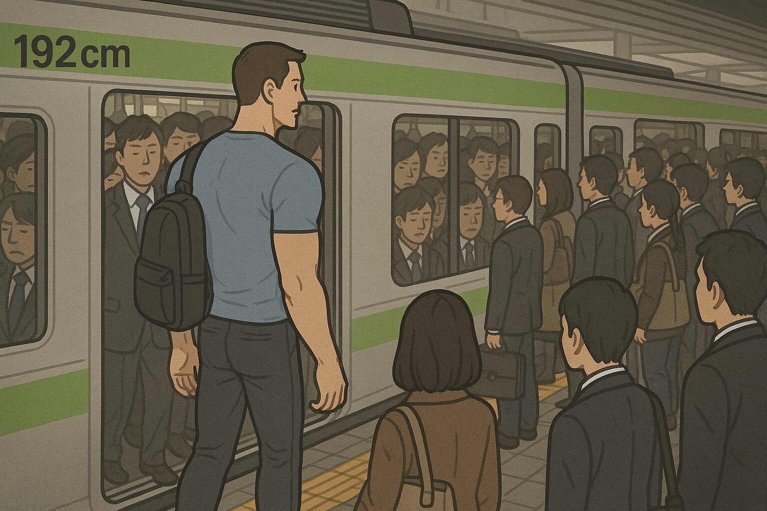 身長192cmの細マッチョな男性が朝の通勤ラッシュで駅のホームから満員電車に乗り込もうとしている。背の高い彼の視線の先には、ぎゅうぎゅうに詰まった乗客たちの顔。ホームにも人があふれ、混雑する朝の通勤風景が描かれている。