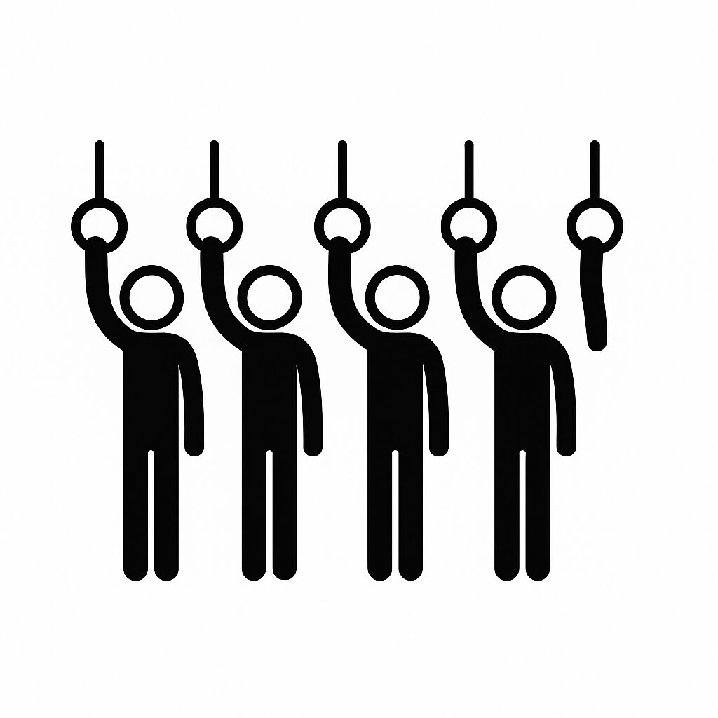 電車の中で全員が右手で吊革を持ち、等間隔に立つ乗客たち。デッドスペースがなく、全員がバランスよく吊革をつかめている様子をシンプルに描いた手描き風イラスト。