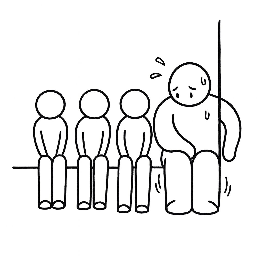 満員電車の座席で、身長192cm・胸囲123cmの細マッチョのタッカーズが、できるだけ横幅を小さくしようと体をぎゅっと詰め、汗をかきながら座っている可愛らしいイラスト。周囲には小柄な乗客が3人並んで座っている。