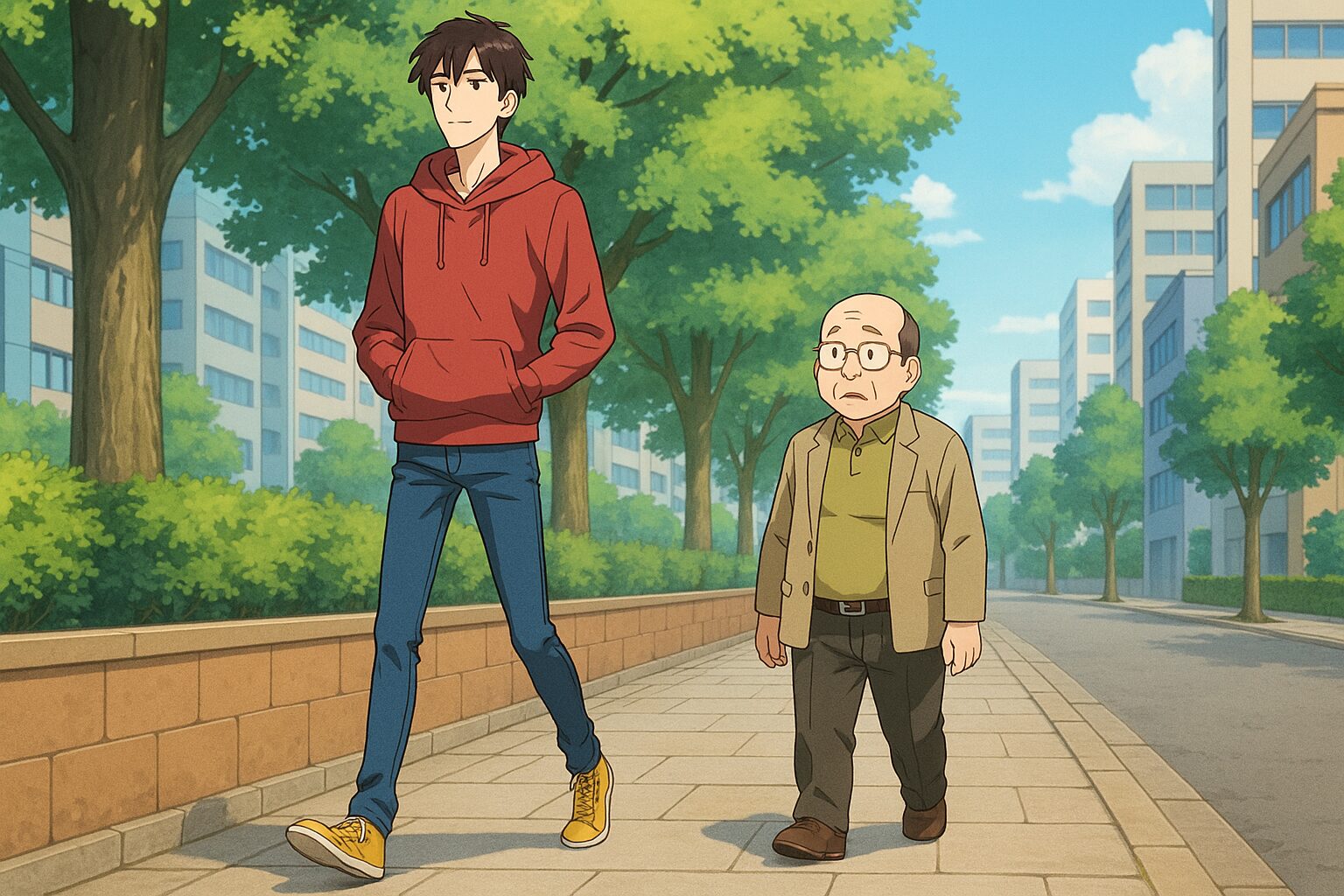 身長192cmの細マッチョ・タッカーズが長い足で歩道を颯爽と歩く後ろを、身長160cmの薄毛のおっちゃんが小走りでついてくる様子。街路樹とビルが並ぶ穏やかな昼下がりの歩道シーン。