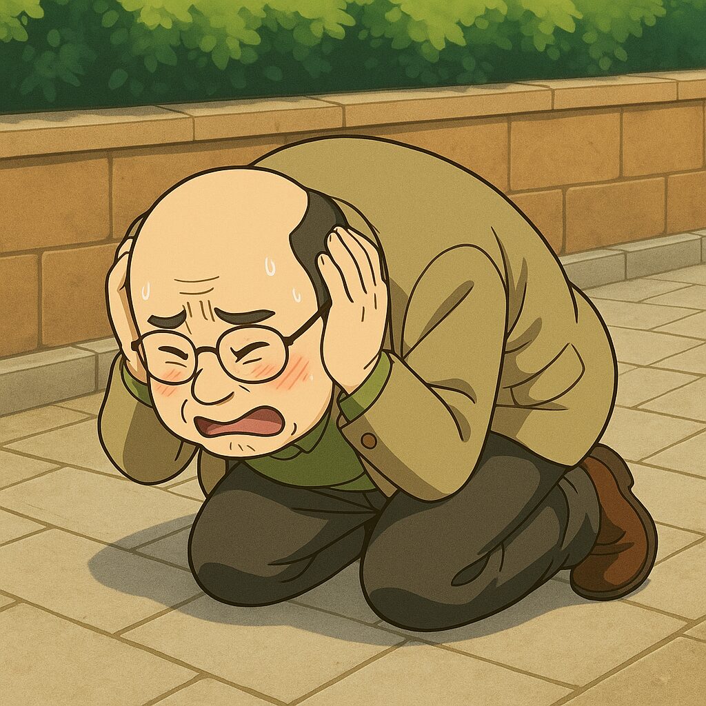 髪の薄いおっちゃんが、歩道の上でしゃがみ込み、頭を抱えて丸まっている。背景にはレンガの塀と緑の植え込みがあり、昼下がりの街の静かな一角。アニメ風の柔らかいタッチで描かれたコミカルなシーン。