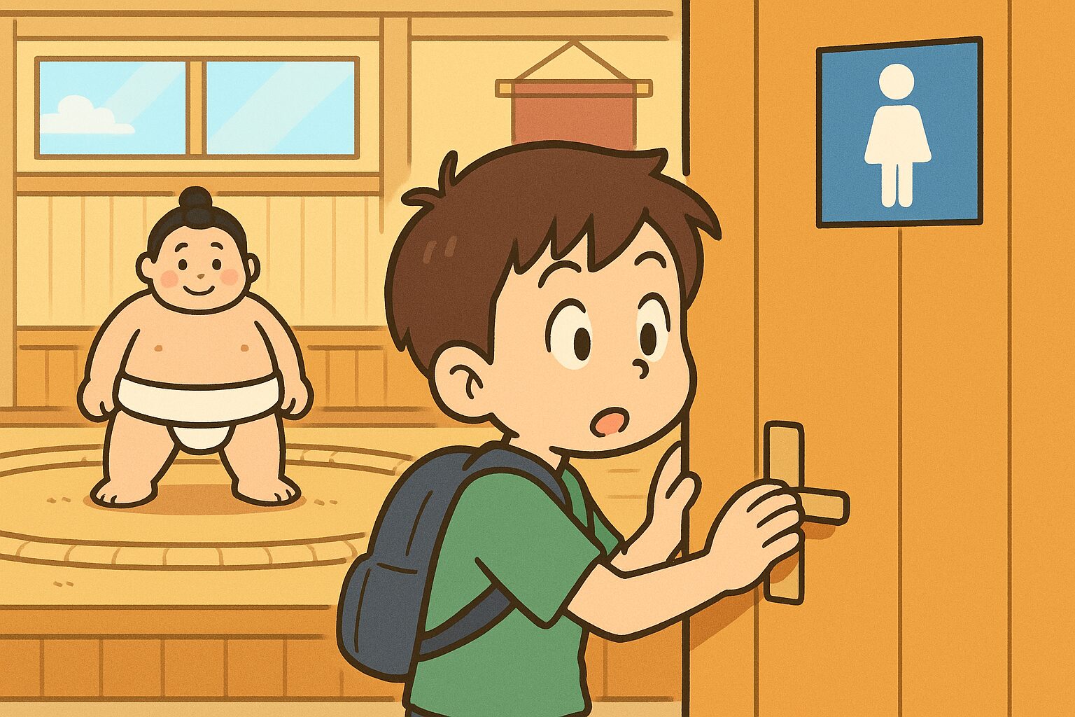 相撲部屋の稽古場で、トイレのドアを開けようとする男の子。ドアには青いトイレマークがあり、奥の土俵ではまわし姿の力士がにこやかに立っている。可愛らしい漫画チックなタッチのイラスト。