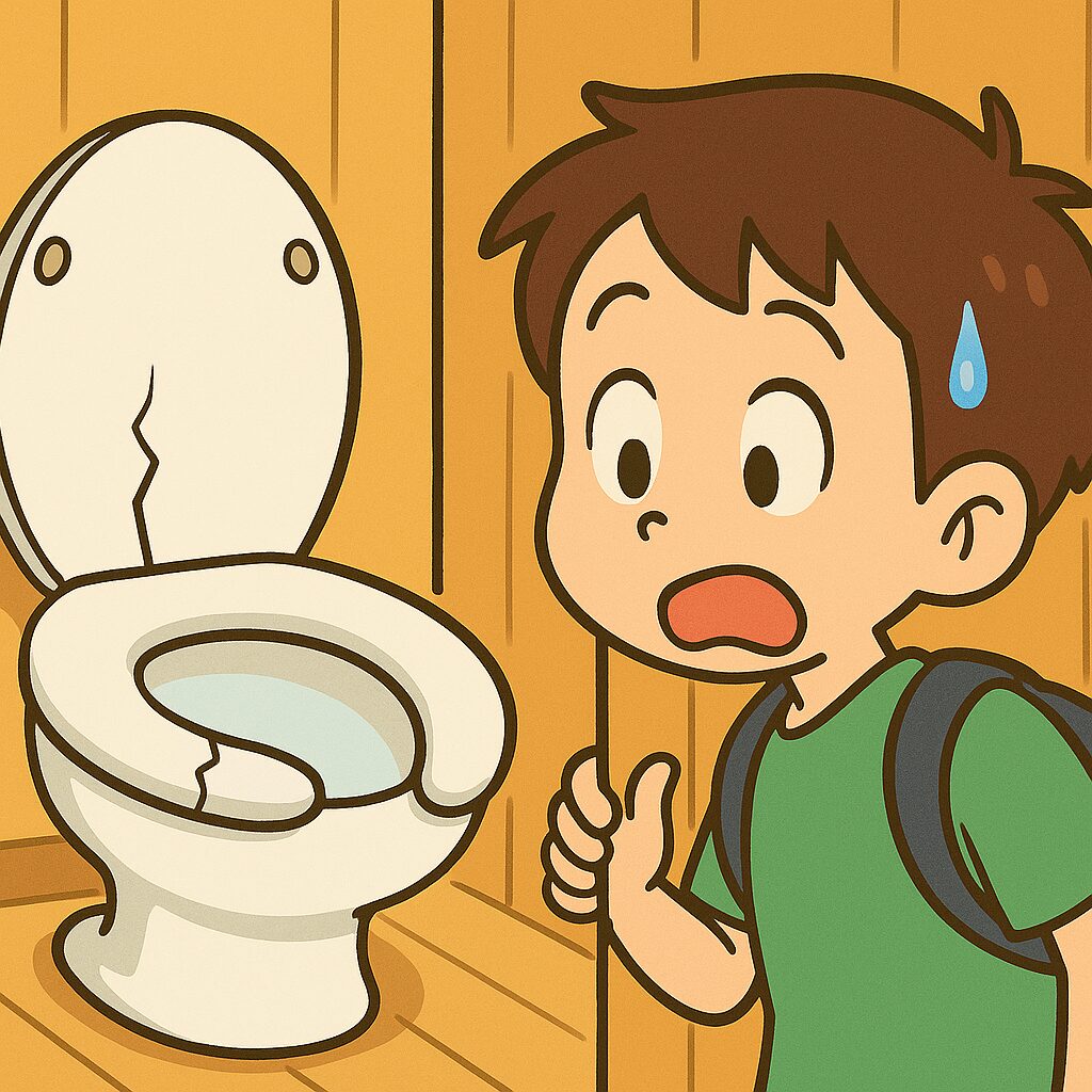 男の子が木目の壁のトイレのドアを開けると、便座にひびが1本入っていて驚いている。目を丸くし、冷や汗をかきながら後ずさりする姿がコミカルに描かれた、かわいらしい漫画チックなイラスト。