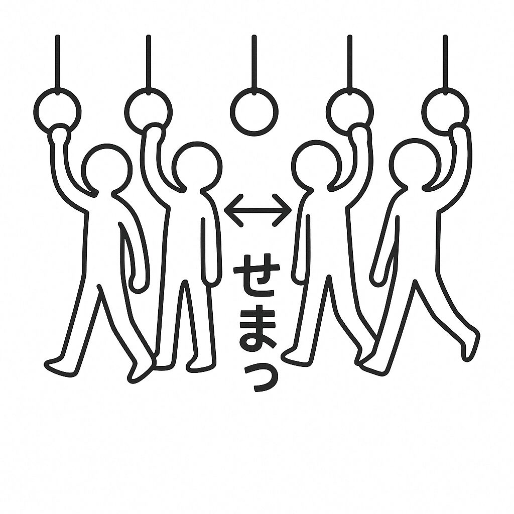 満員電車の中で、乗客が吊革を右手と左手で交互に持っており、その間に人が入れないデッドスペースができている様子を描いた手描き風イラスト。「せまっ」の文字で窮屈さをユーモラスに表現。