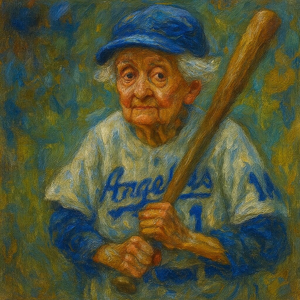 野球のユニフォームを着たオババが、バットをしっかりと握って打席に立つ姿を描いた油絵風の作品。青い帽子とユニフォームが印象的で、穏やかな表情の中に闘志が感じられる温かみのある一枚。